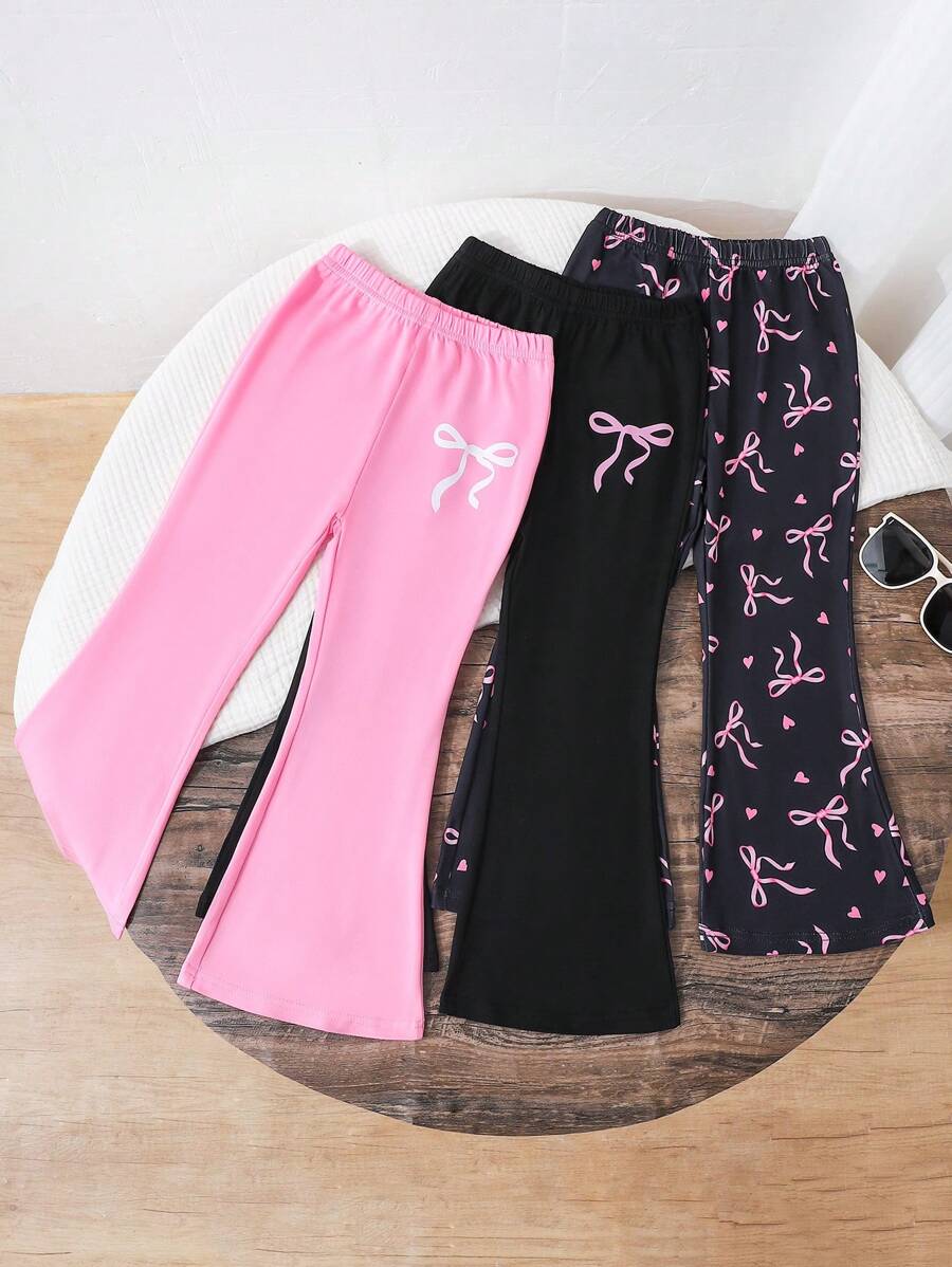 3pcs/Set Young Girl Casual Versatile New Bowknot Print Bell-Bottom Long Pants, Suitable For Matching Family, Appropriate For Summer And All Occasions Flare Pants Flare Pants Flared Leggings Cute Pants For Lounge Pants Fall Winter - Multicolor - View 1