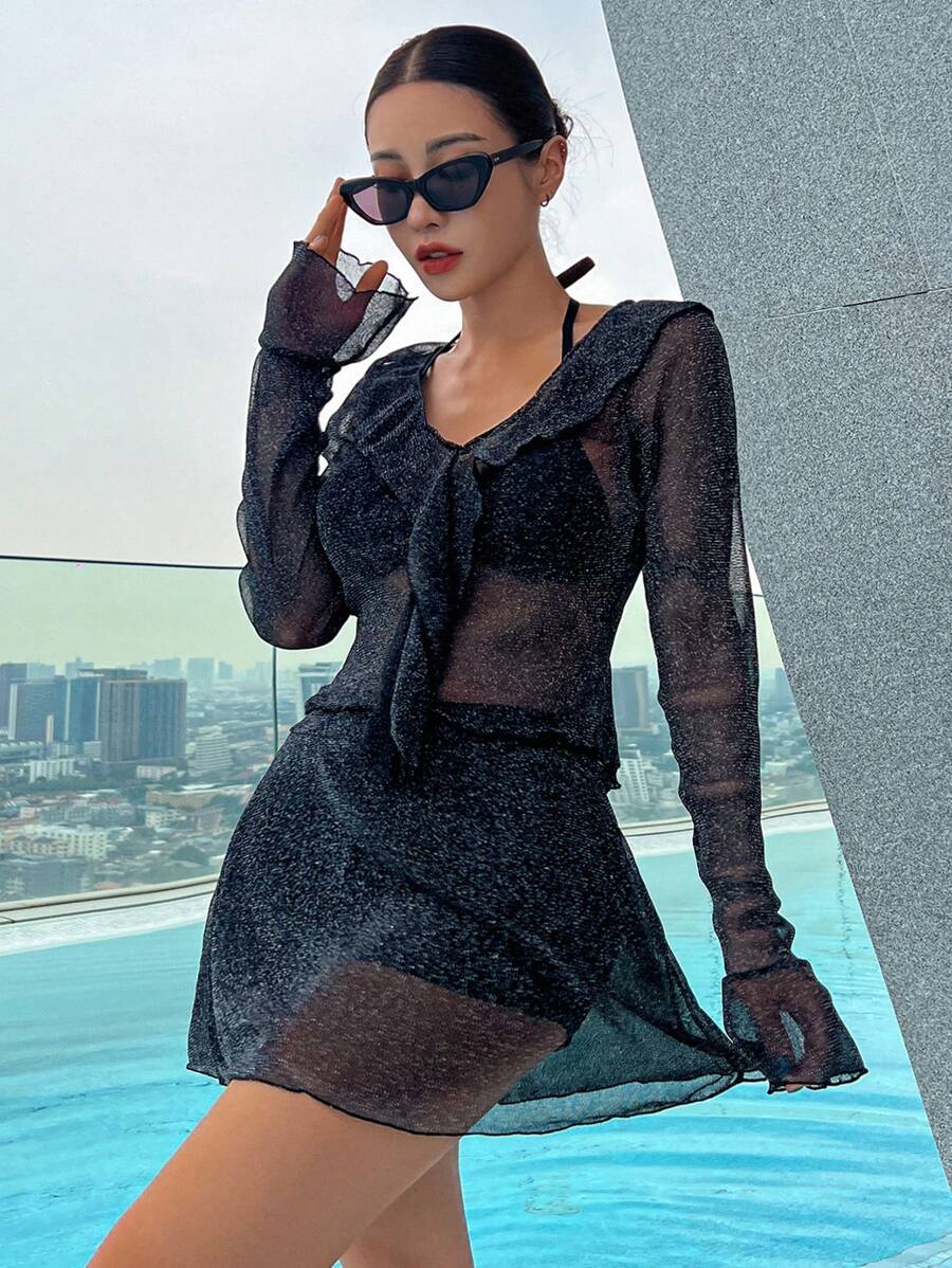 DAZY Bộ bikini nữ ánh kim lấp lánh mới, trang phục dự tiệc và đi biển thanh lịch. - màu đen - Xem 1
