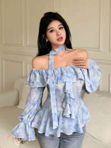 Modelyn 女式扎染露肩荷叶边修身衬衫，时尚新款，春夏 - 淺藍色 - 查看 6