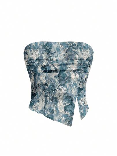 Shutterstock Blue Distressed Vintage Leaf Print Bohemian Style Cropped Bustier Top, Suitable For Summer, Vacation, Music Festival
