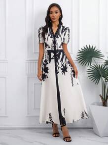 SHEIN Unity All Over Print, Contrast Collar & Placket, Front Buttons, Puff Sleeves, Stand Collar V-Neck, Elegant Casual Ladies Dress - Multicolor - View 5