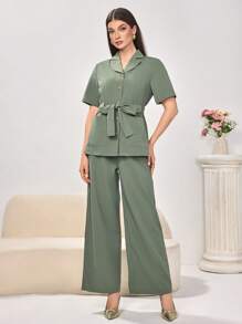 女士绿色纯色休闲简约通勤短袖上衣和长裤阿拉伯风格服装套装 - 綠色 - 查看 3