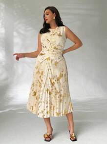 Firerie Conjunto de top sin mangas con cuello redondo y falda plisada holgada con estampado aleatorio de lámina de oro elegante y casual para vacaciones en talla grande, para primavera/verano