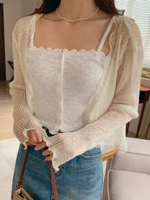 DAZY Women's Floral Sheer Ivory Pointelle Cardigan