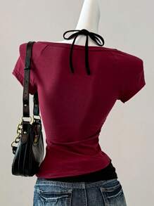 SHEIN EZwear Áo thun dệt kim họa tiết tương phản đỏ đen Encore dành cho nữ - Màu Đỏ Sâu - Xem 2