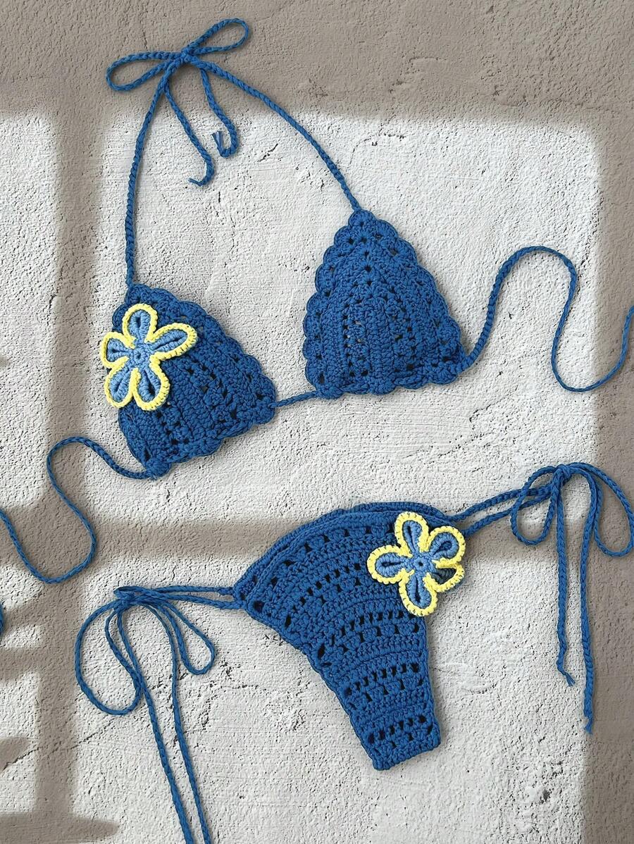 Swim Mod Floral Crochet Bikini Cover Up Set, Cute & Fun For Summer Beach Vacation