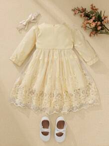 SHEIN Váy công chúa ren lưới tay ngắn màu trơn thanh lịch cho bé gái, mùa thu - Màu vàng - Xem 2