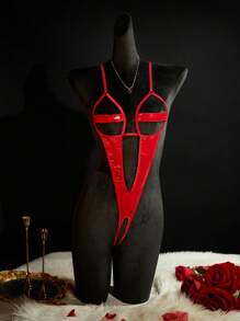 SpicyHot Body sexy dos nu, en PU brillant, tenue de club amincissante pour femmes, rave - Rouge - Voir 5