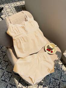 Comfortcana Bộ đồ nữ 2 mảnh áo hai dây kẻ sọc và quần short, kỳ nghỉ hè - Màu vàng - Xem 5