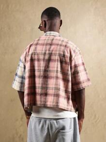 SUMWON Camisa informal de manga corta y dos tonos en estilo de bloques de color a cuadros con botones, para uso casual en primavera y verano, de tela ligera