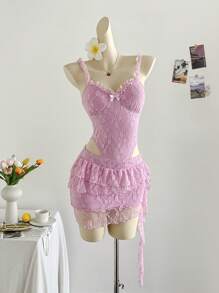 Soleia 返校季假期穿搭 女式机场穿搭 Fairycore 低腰连体裤 女式两件套 女式夏季花卉蕾丝吊带连体衣和迷你裙 性感两件套 蕾丝两件套 - 粉色 - 查看 4