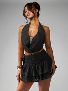 MISSGUIDED Chiffon Mini Skirt Ruched Layered Ruffled A Line Mini Skirt Evening Party Club Wear Dance Fall Winter Fashion - Black - View 3