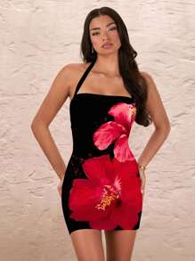 SHEIN BAE Women's Floral Print Mini Dress, Suitable For Vacation/Summer Floral Print Dress/Beach Vacation Dress,Bodycon Dress Chic Dress - White - View 2