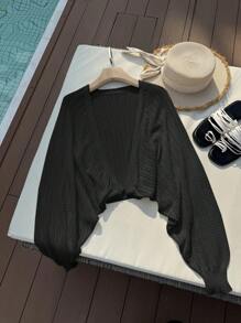 SHEIN Privé Plus Size Women Casual Solid Color Long Sleeve Black Cardigan Women Summer Y2k Summer Cardigan,Fall,Winter