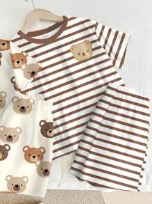 SHEIN 2件套泰迪熊棕色条纹宽松透气柔软舒适睡衣套装，适合男宝宝夏季穿着。