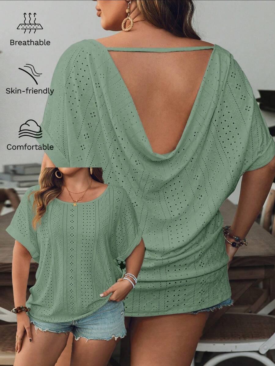 SHEIN VCAY Camiseta Casual de Praia Solta e Sem Costas em Malha Jacquard Branca com Decote Redondo para Plus Size - Verde - Visão 1