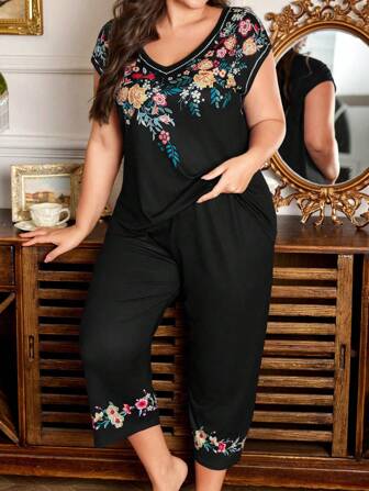 Trezura Ensemble de pyjama casual maison pour femmes avec décolleté en V, manches dolman et imprimé vintage