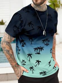 Manfinity RSRT Camiseta de hombre con estampado gradiente de palmeras y efecto tie-dye aleatorio, para vacaciones relajadas