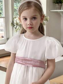 SHEIN 年轻女孩优雅象牙色欧根纱泡泡袖系带连衣裙 - 彩色 - 查看 4