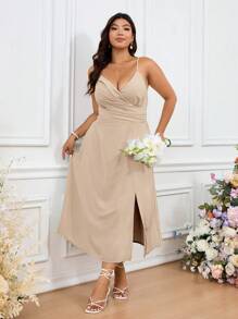 SHEIN Frenchy 大码女式夏季休闲度假纯色开衩中长连衣裙 - 杏色 - 查看 3