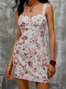 Roylia French Floral Print Tight Waist Ruffle Decoration Camisole Dress With Bust Cup For Women - Multicolor - View 1