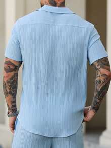 Manfinity Homme Men's Summer Casual Plain Texture Lapel Collar Short Sleeve Shirt Beach - Baby Blue - View 2