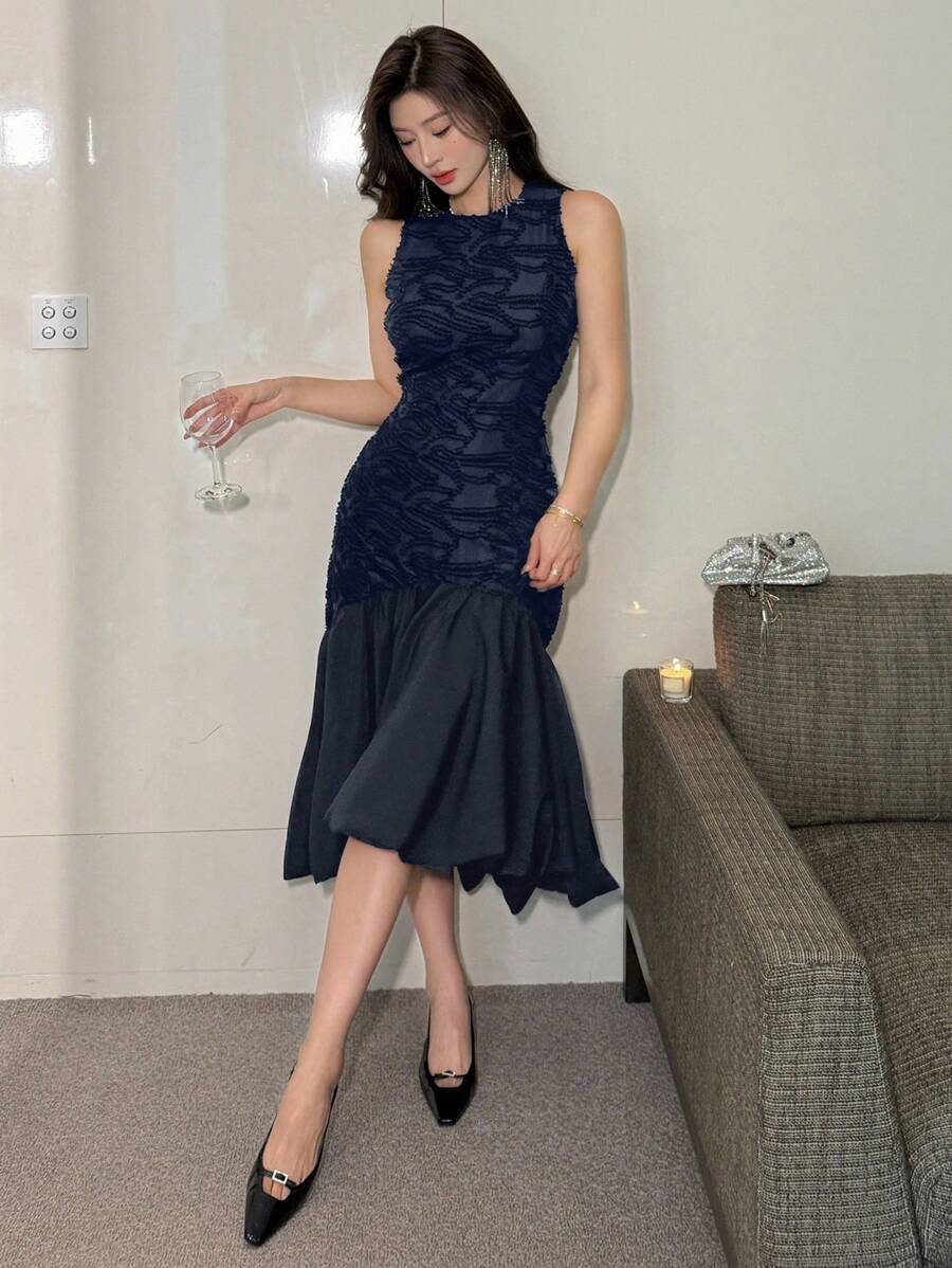 DAZY 女士无袖纹理面料美人鱼连衣裙,返校季服装,婚礼女装,鸡尾酒会礼服 - 藏蓝色 - 查看 1