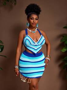 Slaydiva 1 set Femme grande taille Top en crochet style bohème et mini-jupe à franges tricotée