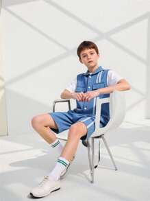 Explorewe Tween Boy Striped Denim Cargo Pocket Hoodie Vest, Round Neck Short Sleeve T-Shirt And Shorts 2Pcs Set Boys Clothes Outfit Sets