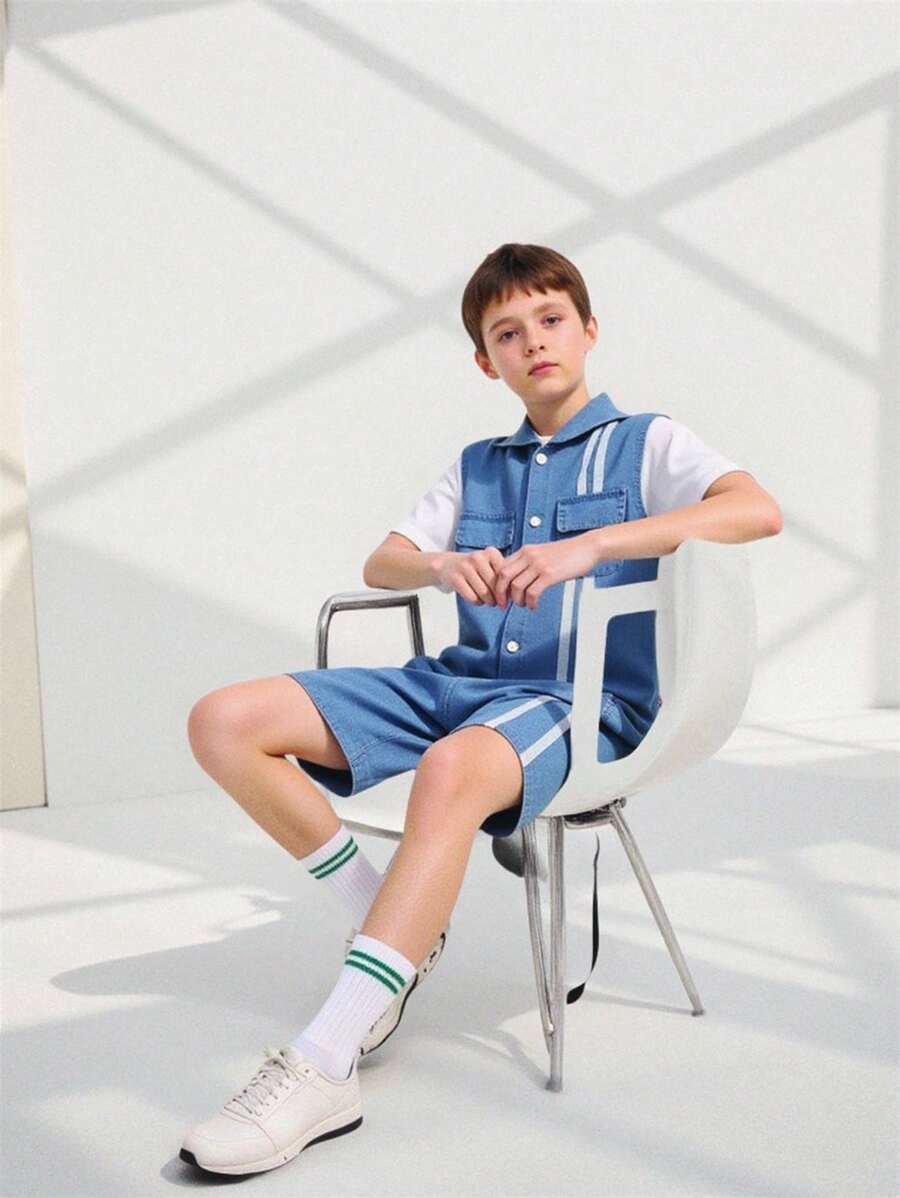 Explorewe Tween Boy Striped Denim Cargo Pocket Hoodie Vest, Round Neck Short Sleeve T-Shirt And Shorts 2Pcs Set Boys Clothes Outfit Sets