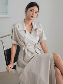 Dazy-Less Váy sơ mi cạp chun màu trơn đơn giản dành cho người đi làm mùa hè, váy công sở dài tay thường ngày dành cho nữ, trang phục giáo viên - Màu be - Xem 3