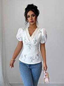 Modelyn 女式杏色浪漫花卉印花撞色蕾丝荷叶边修腰衬衫，短袖 - 杏色 - 查看 5