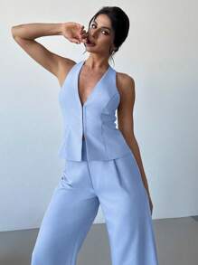 Firerie Nuevo conjunto de primavera/verano de estilo elegante, moda casual versátil, vintage de lujo, color lino sólido, chaleco sin mangas con cuello en V y lazo en la espalda, y pantalones anchos de pierna ancha con pliegues de cintura alta, 2 piezas para otoño/invierno