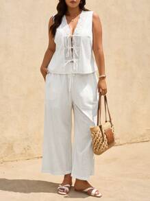 Elaquor Plus Size Women's All-Match Casual Lace Trim Tie-Front Co-Ord Set, White Shirt Blouse And 7/8 Pants, Summer