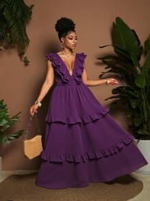 Maweii Plus Size Women Elegant V-Neck Flounce Hem Long Party Dress, Solid Color