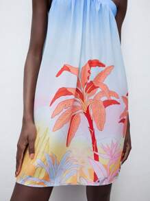 Maija Women's Blue Summer Halter Tie Sleeveless Dress, Sexy Minimalist Comfortable Positioning Plant Print Pattern, Suitable For Beach Holiday, Summer Beach Essential