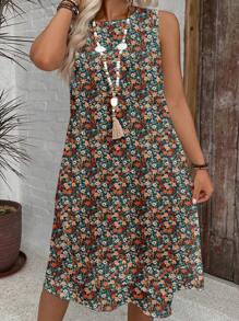 加大码碎花无袖圆领中长连衣裙、沙滩裙、太阳裙、波西米亚风度假装、春季 - 白色 - 查看 1