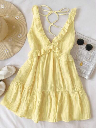 Arcane Artistry Women's Ruffle Strap Minimal Solid Color Yellow Mini Dress, Casual Vacation Style, Summer