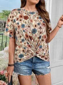 SHEIN LUNE Maglietta casual estiva da donna taglie forti, con stampa leopardata, manica corta, orlo con twist incrociato