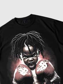 ROMWE MEN Street Life 卡通人物印花短袖 T 恤，男女通用图案 T 恤，夏季休闲街头风格上衣，2025 年新品 - 黑色 - 查看 4