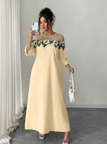 Elenzga Đầm midi thanh lịch tay 3/4 thêu họa tiết lưới trang trí cỡ lớn cho nữ - Màu vàng - Xem 1