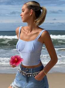 DAZY Camisola con diseño de cuadros y silueta ajustada tipo bustier para mujer, atuendo de playa estilo Y2K - Azul - Ver 7