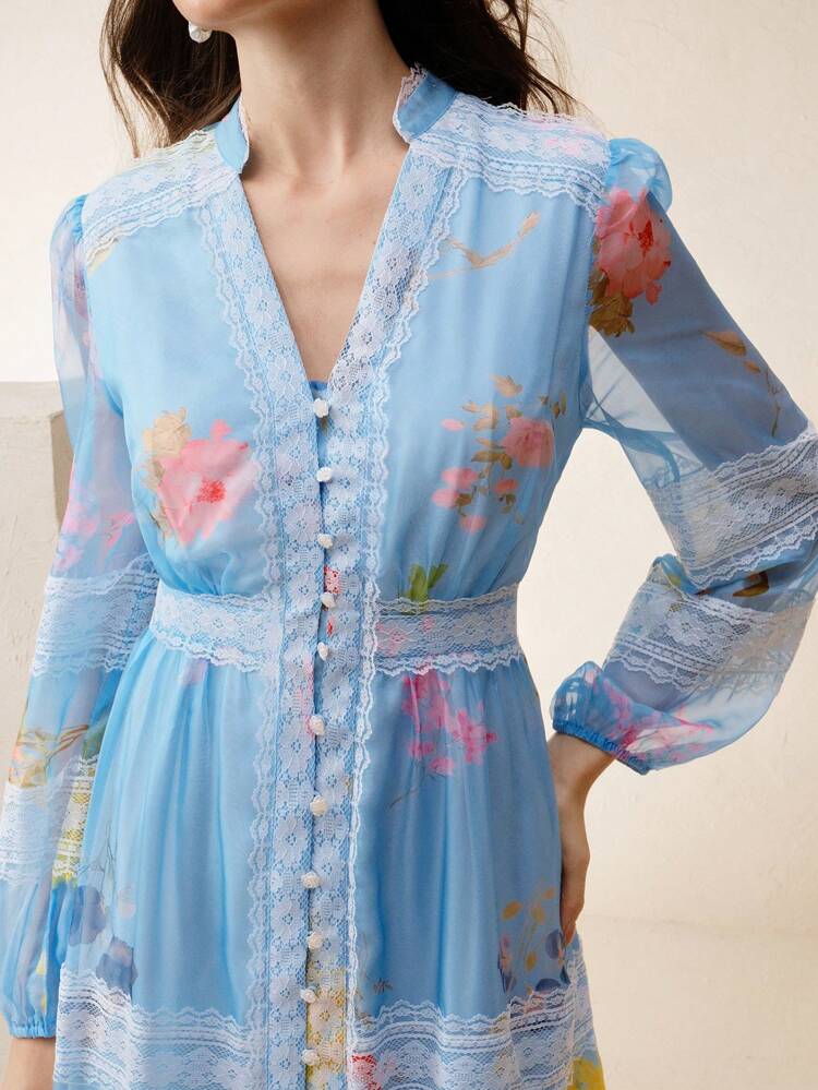 Women's Floral Print Lace Patchwork Lantern Sleeve Chiffon Midi Dress, Resort Style For Spring/Summer