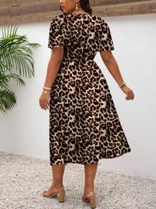 SHEIN Frenchy Casual Minimalist Summer Vacation V-Neck Leopard Print Bodycon Midi Dress, Plus Size Fall Clothes Chic Dress - Multicolor - View 2