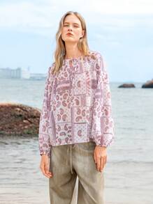 Lumivelle SeasideVibes Women's V-Neck Patchwork Print Semi-Sheer Blouse, Vacation Style Fall Cloth For Women
