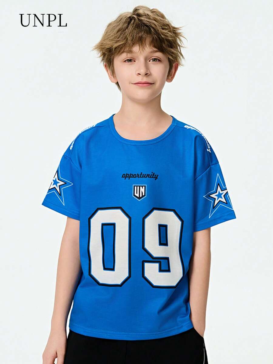 SHEIN 1pc Tween Boy Crew Neck Short Sleeve T-Shirt,Navy Blue,Summer,Streetwear,School Casual Loose Letter Print Soft Comfortable Digital Star Design Tee - Blue - View 1