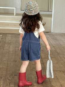 Dazy Kids 年轻女孩休闲水洗韩版可爱做旧宽松牛仔背带裤和连体裤，女孩夏季服装 - 藍色 - 查看 2