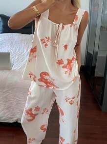 DAZY Bộ đồ ngủ in họa tiết toàn thân phong cách Trung Hoa, áo không tay nhẹ, cổ thắt nơ và quần ống đứng, quần áo trở lại trường - Đỏ - Xem 6