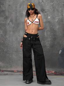 ROMWE Grunge Punk Y3K 功能风格侧金属扣金属链工装裤 - 黑色 - 查看 10