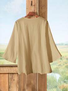 SHEIN PETITE CURVE Plus Size Women's Vacation Solid Color Contrast Lace Long Sleeve Loose Casual Shirt Cotton Tunic Tops For Women Cotton Blouse Tunic Blouse Embroidered Cotton Top